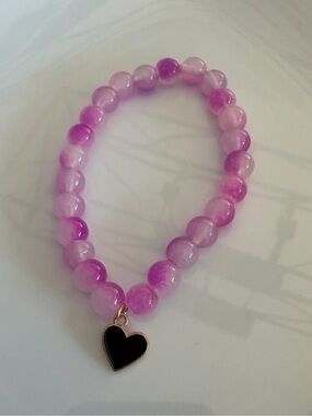 Pink Coquette Girl Beaded Bracelet with Heart Charm Handmade Gift Jewelry